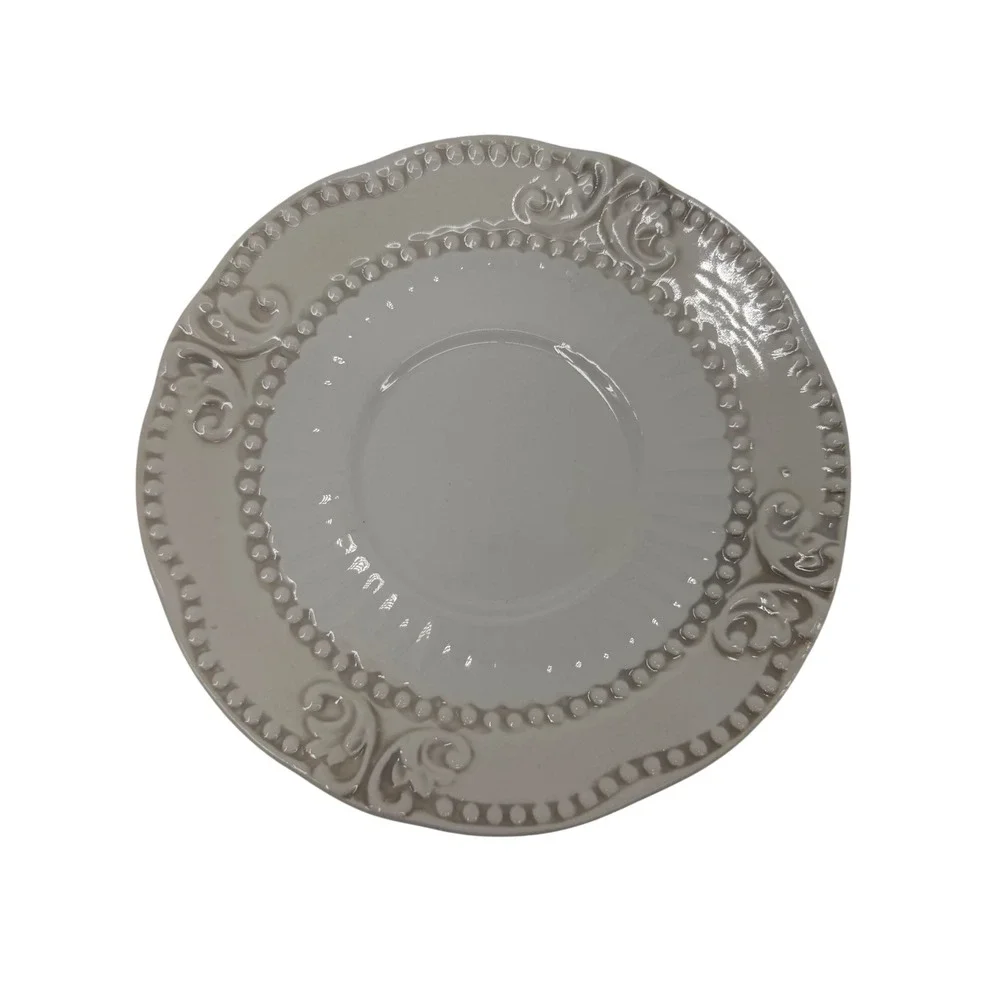 American Atelier Bianca Baroque Saucer‎ Plate Cream Embossed Scroll Beaded NEW